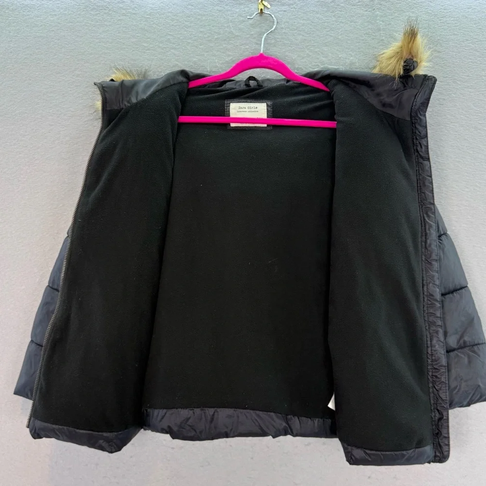 ZARA -‎ Girls black quilted hooded faux fur coat zip up black winter jacket SZ 8